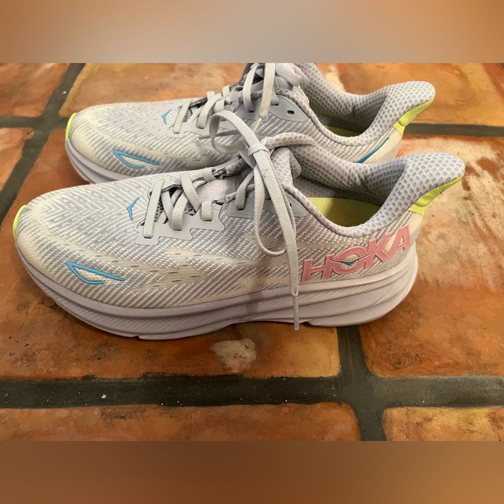 Hoka Light Gray and Lime Sneakers